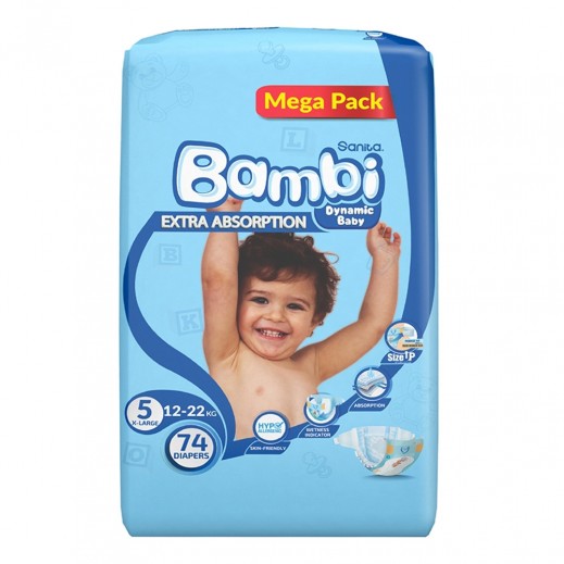 سانيتا بامبي - حفاضات للأطفال مقاس 5 كبير جدًّا 12-22 كجم 74 حفاض