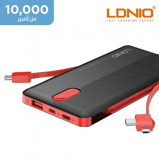 لدنيو –  بطارية احتياطية سعة 10000 مل أمبير 1 USB مع كيبلات مدمجة – أسود  - يتم التوصيل بواسطة توصيل فاست