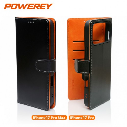 حافظة هاتف 2 طبقة من الجلد الطبيعي لهاتف آيفون من باوري – أسود