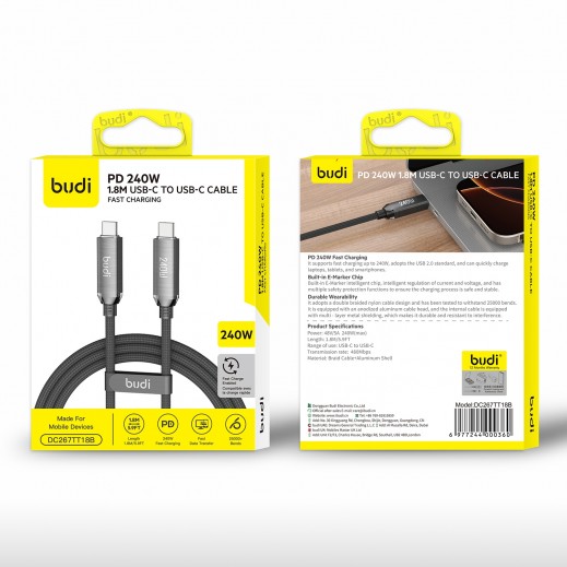 كبيل شحن من Type-C إلى Type-C 240 واط - 1.8 متر من بودى - يتم التوصيل بواسطة توصيل فاست