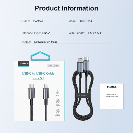 كبيل شحن 60 واط من Type-C إلى 1.2Type-C متر من شويتك