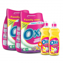 أوكسي - مسحوق غسيل للغسالات الأوتوماتيكية برائحة اللافندر 2 × 6 كجم + سائل غسيل الأطباق برايت بالليمون الأصفر 2 × 600 مل