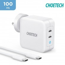 جيوتك – شاحن حائط 2 منافذ 100 واط مع كيبل Type-C إلي Type-C –  ابيض