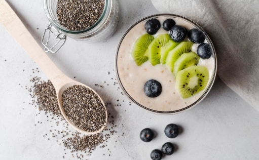 Healthy breakfast bowl with chia seeds and fruit