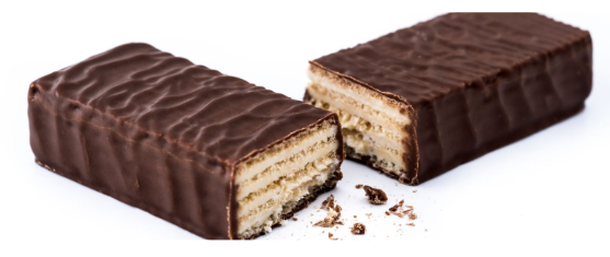 A chocolate protein bar split in half