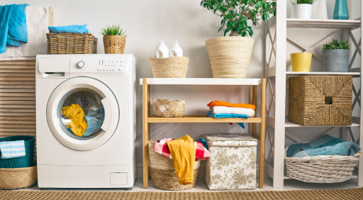 Modern laundry room with fresh clothes