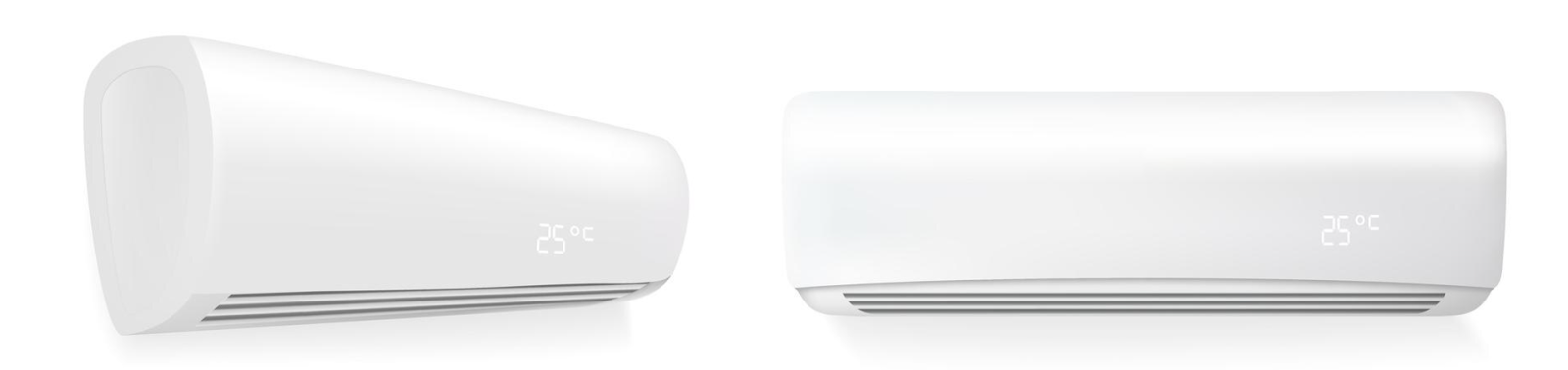 Modern split AC unit on a wall, displaying a temperature of 25°C