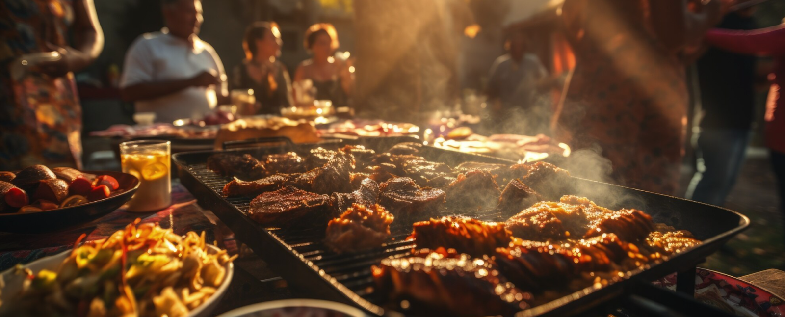 A wide variety of meats and vegetables on a large grill