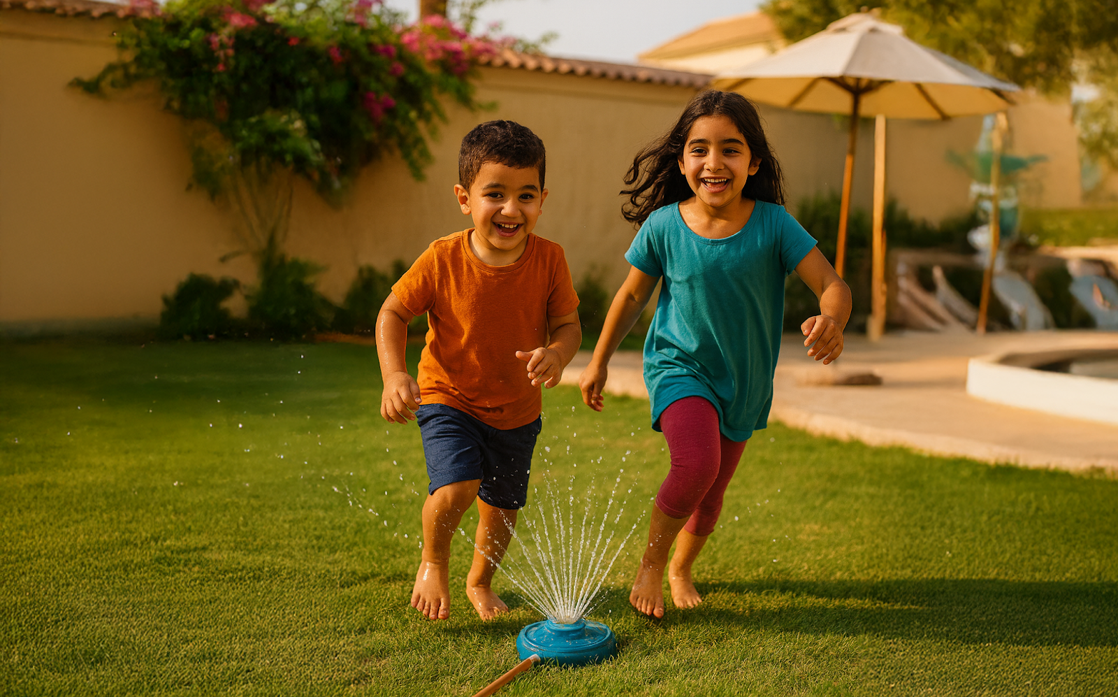 طفلان، ولد وبنت، يجريان بسعادة في حديقة المنزل حول رشاش ماء أرضي